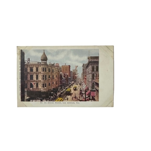 Vtg 1906 Postcard Spring Street Los Angeles CA RH Stocoum Trolley Hotel People - Picture 1 of 3